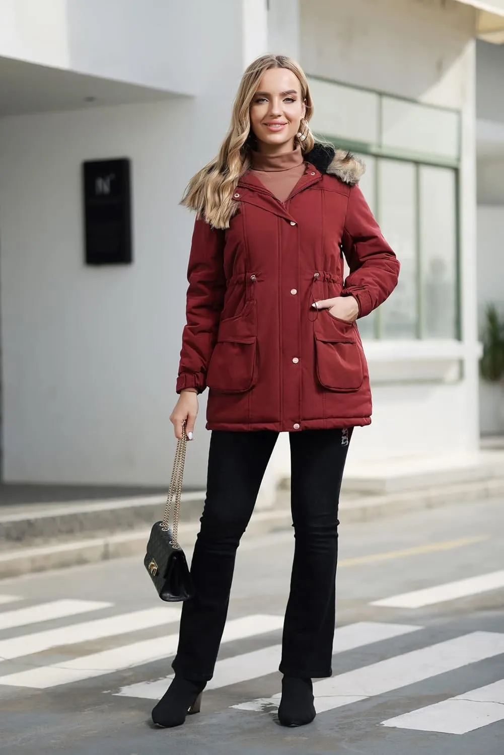 Maacie Womens Maternity 3 in 1 Thickened Outwear Fleece Lined Coat Winter Warm Hooded