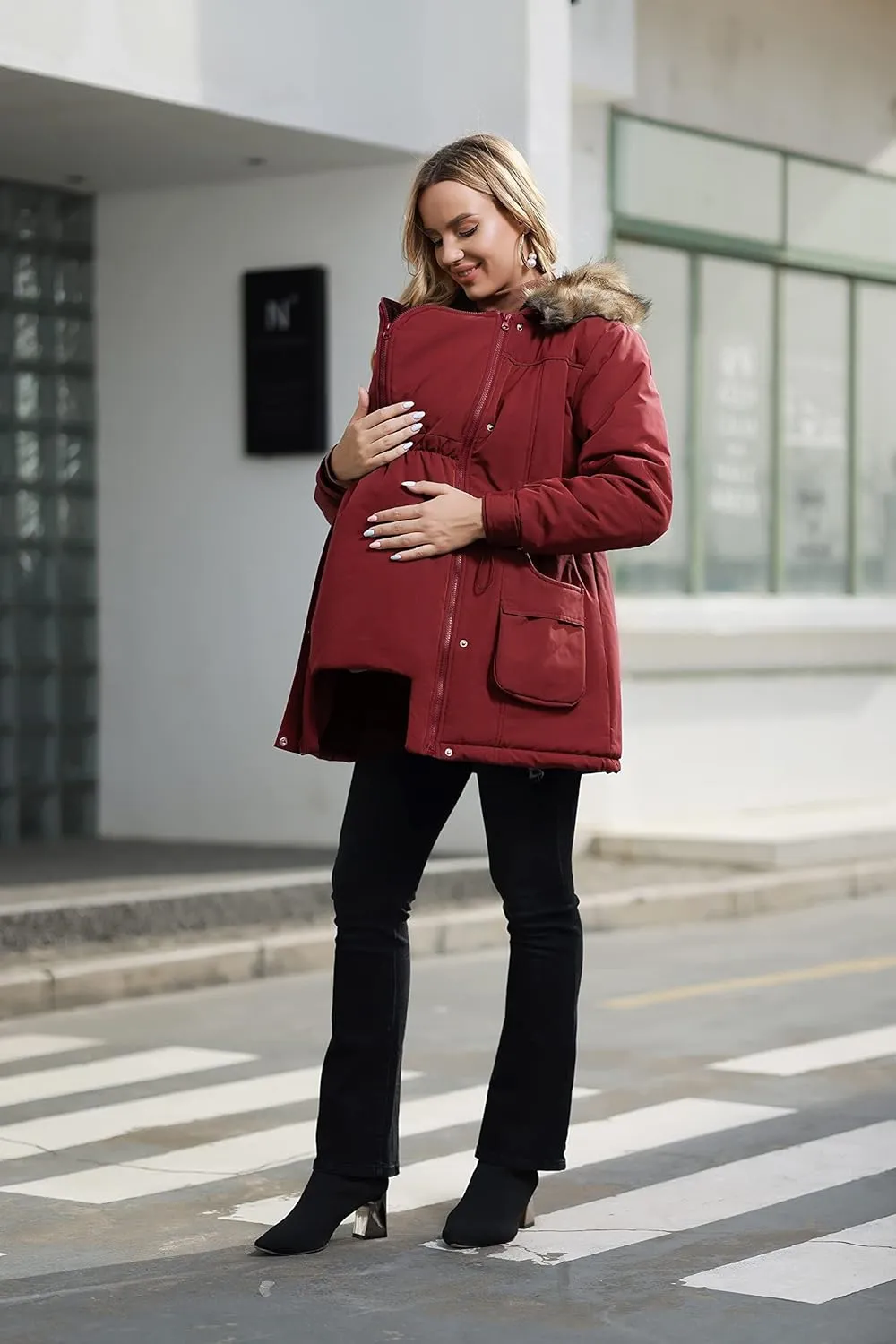 Maacie Womens Maternity 3 in 1 Thickened Outwear Fleece Lined Coat Winter Warm Hooded