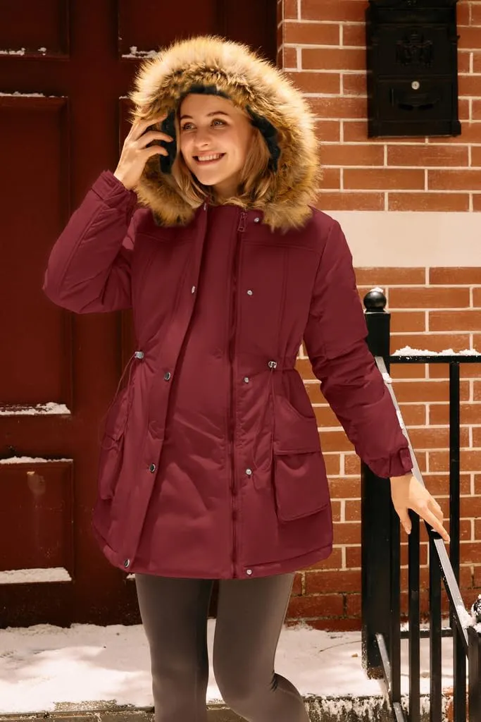 Maacie Womens Maternity 3 in 1 Thickened Outwear Fleece Lined Coat Winter Warm Hooded