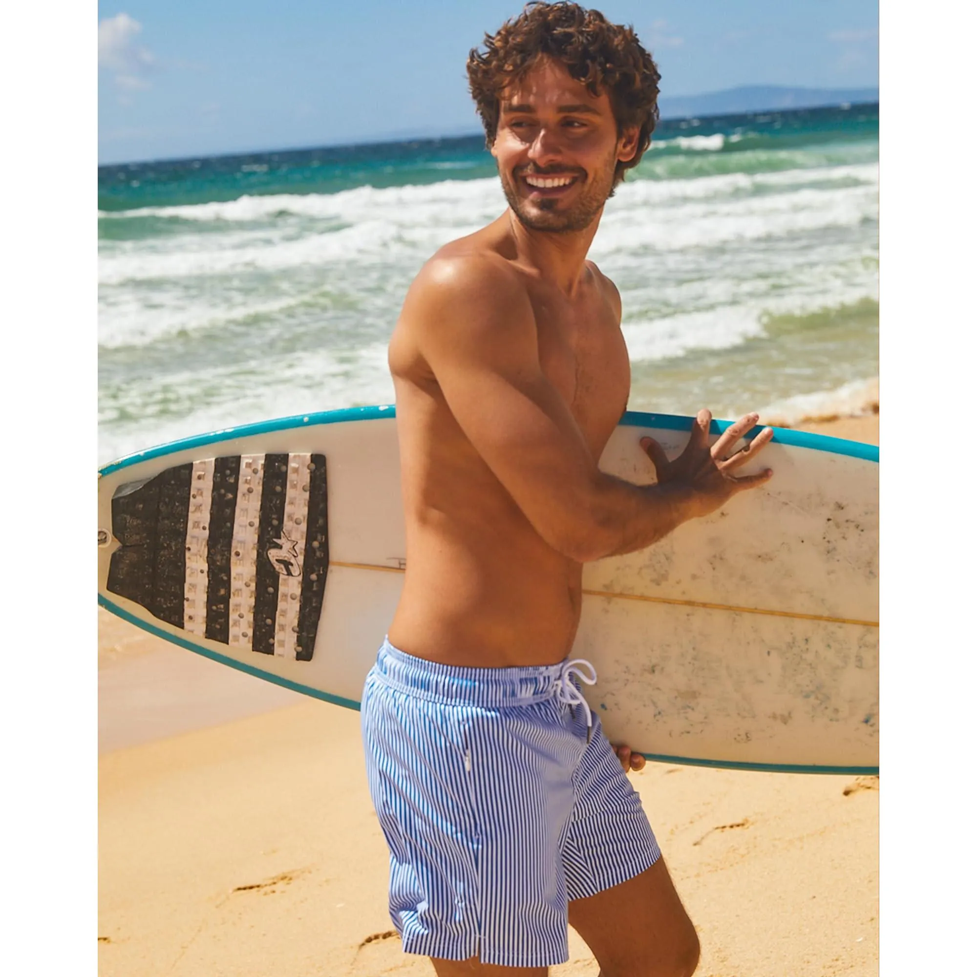 maamgic 2 in 1 Mens Swim Trunks 7 Inch Swim Shorts Swim Suits Board Shorts Blue Stripe-White Medium