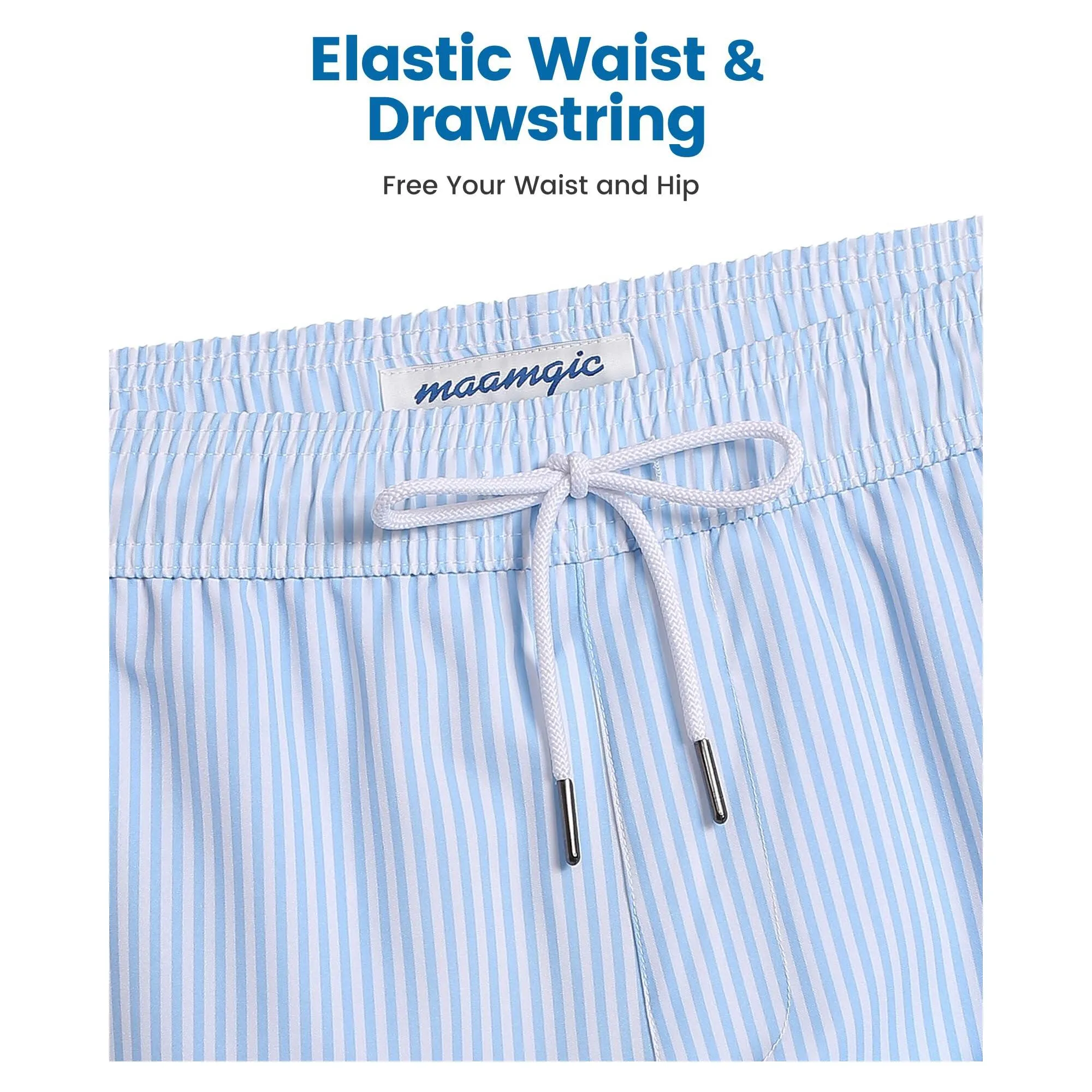 maamgic 2 in 1 Mens Swim Trunks 7 Inch Swim Shorts Swim Suits Board Shorts Blue Stripe-White Medium