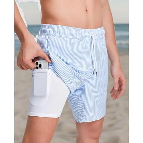 maamgic 2 in 1 Mens Swim Trunks 7 Inch Swim Shorts Swim Suits Board Shorts Blue Stripe-White Medium