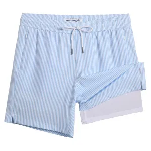 maamgic 2 in 1 Mens Swim Trunks 7 Inch Swim Shorts Swim Suits Board Shorts Blue Stripe-White Medium