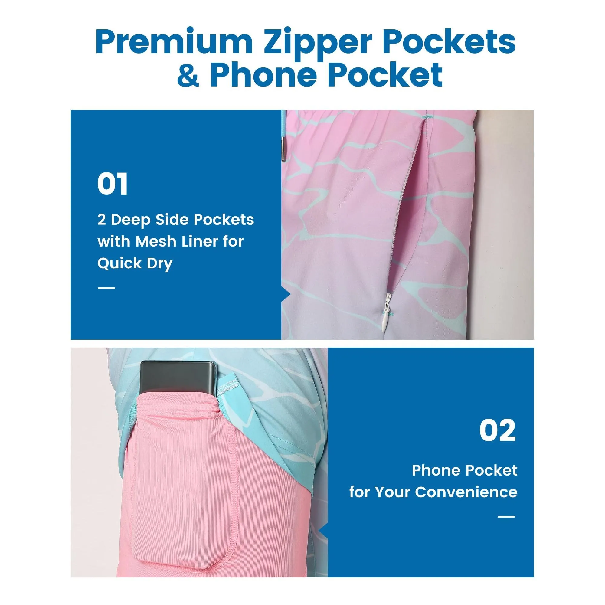maamgic 2 in 1 Mens Swim Trunks 7 Inch Swim Shorts Swim Suits Board Shorts Gradient Water Ripple-Pink Blue Medium