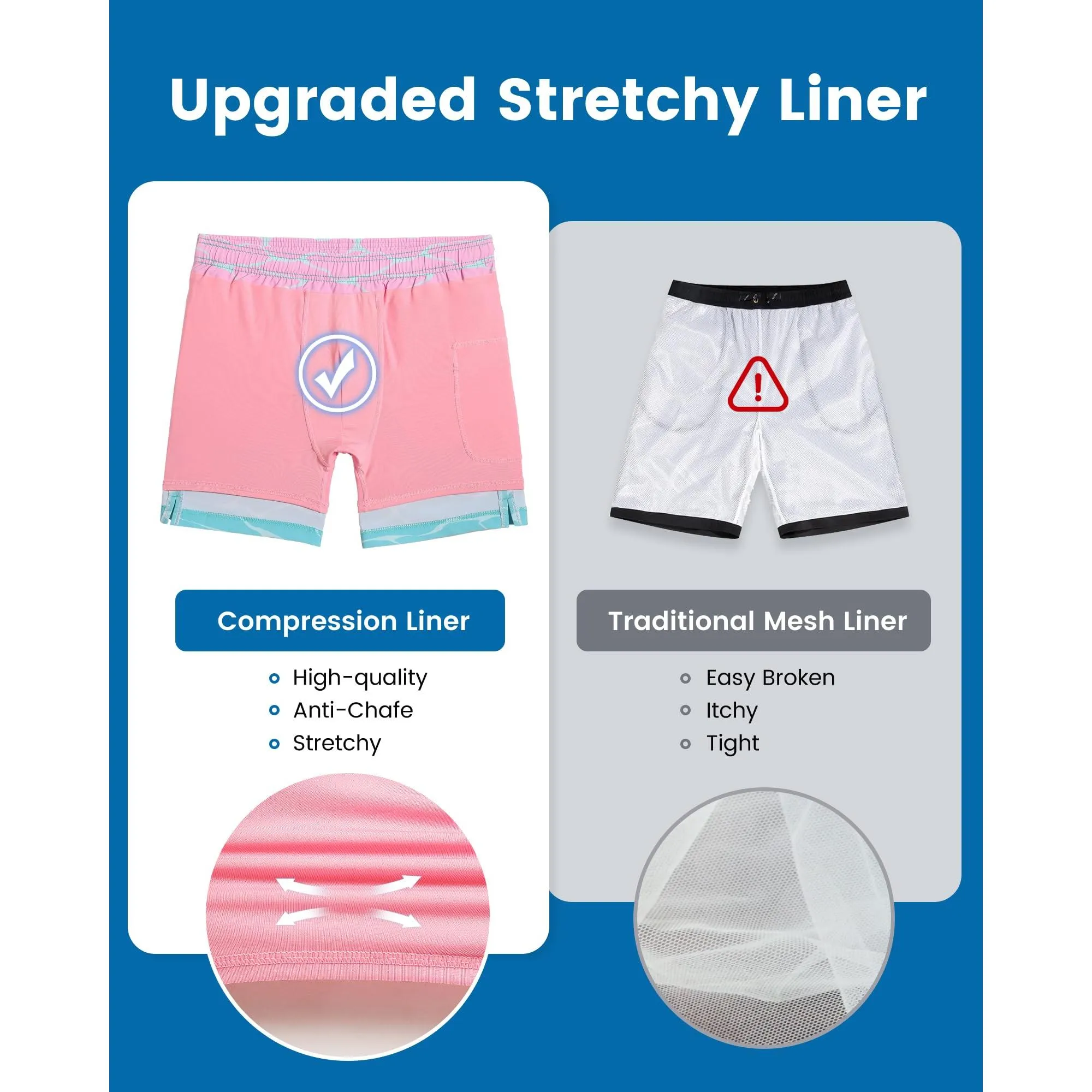 maamgic 2 in 1 Mens Swim Trunks 7 Inch Swim Shorts Swim Suits Board Shorts Gradient Water Ripple-Pink Blue Medium