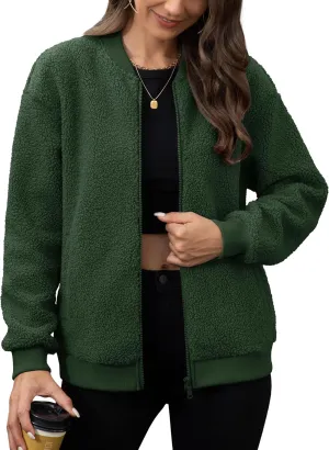 MAGCOMSEN Women's Sherpa Fleece Jacket Long Sleeve Fuzzy Comfy Fall Coat Bomber Zip Up Winter Jackets with Pockets