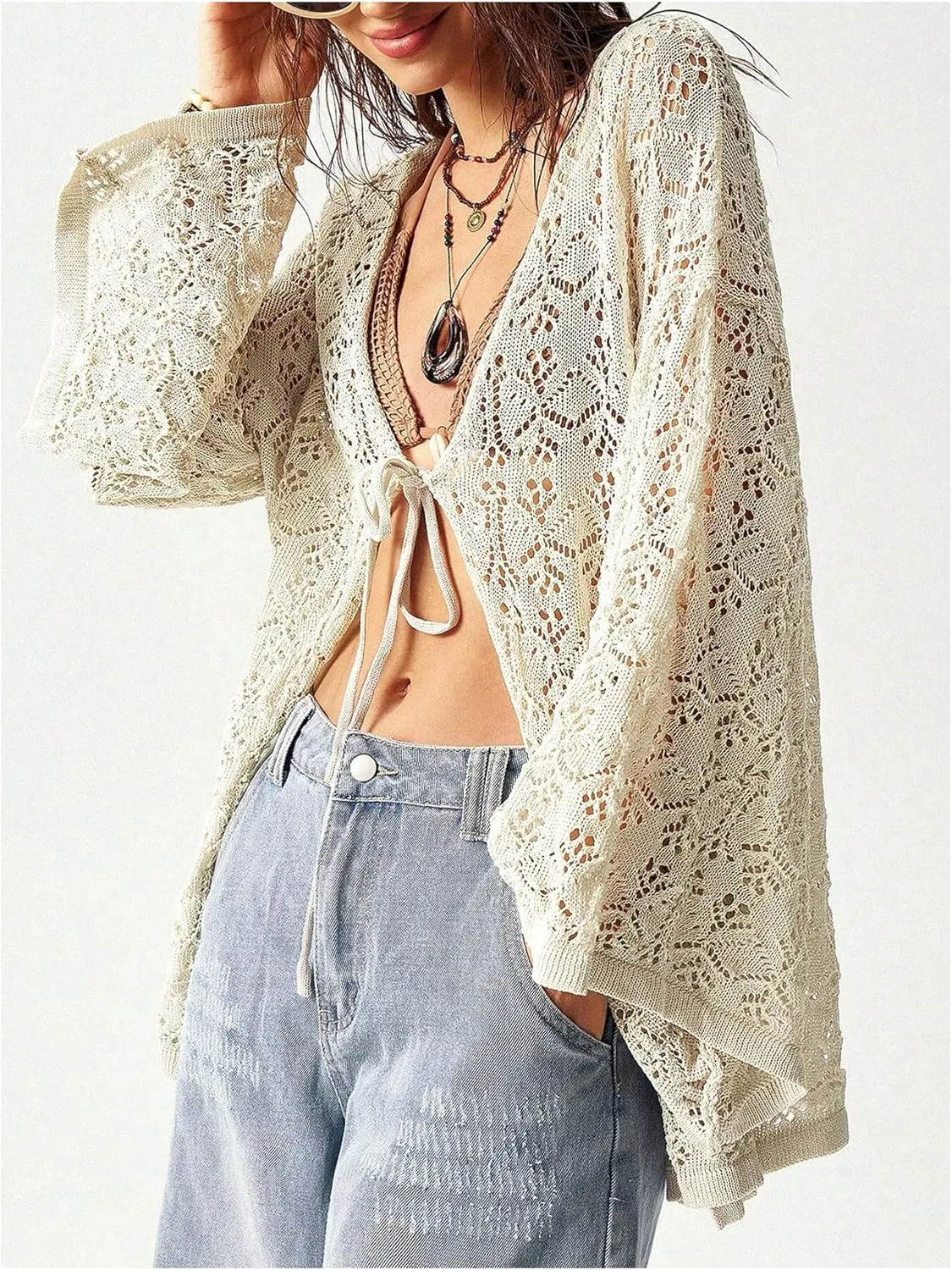 MakeMeChic Women's Crochet Light Weight Hollow Out Tie Front Cardigan Sweater Deep V Neck Long Sleeve Outerwear