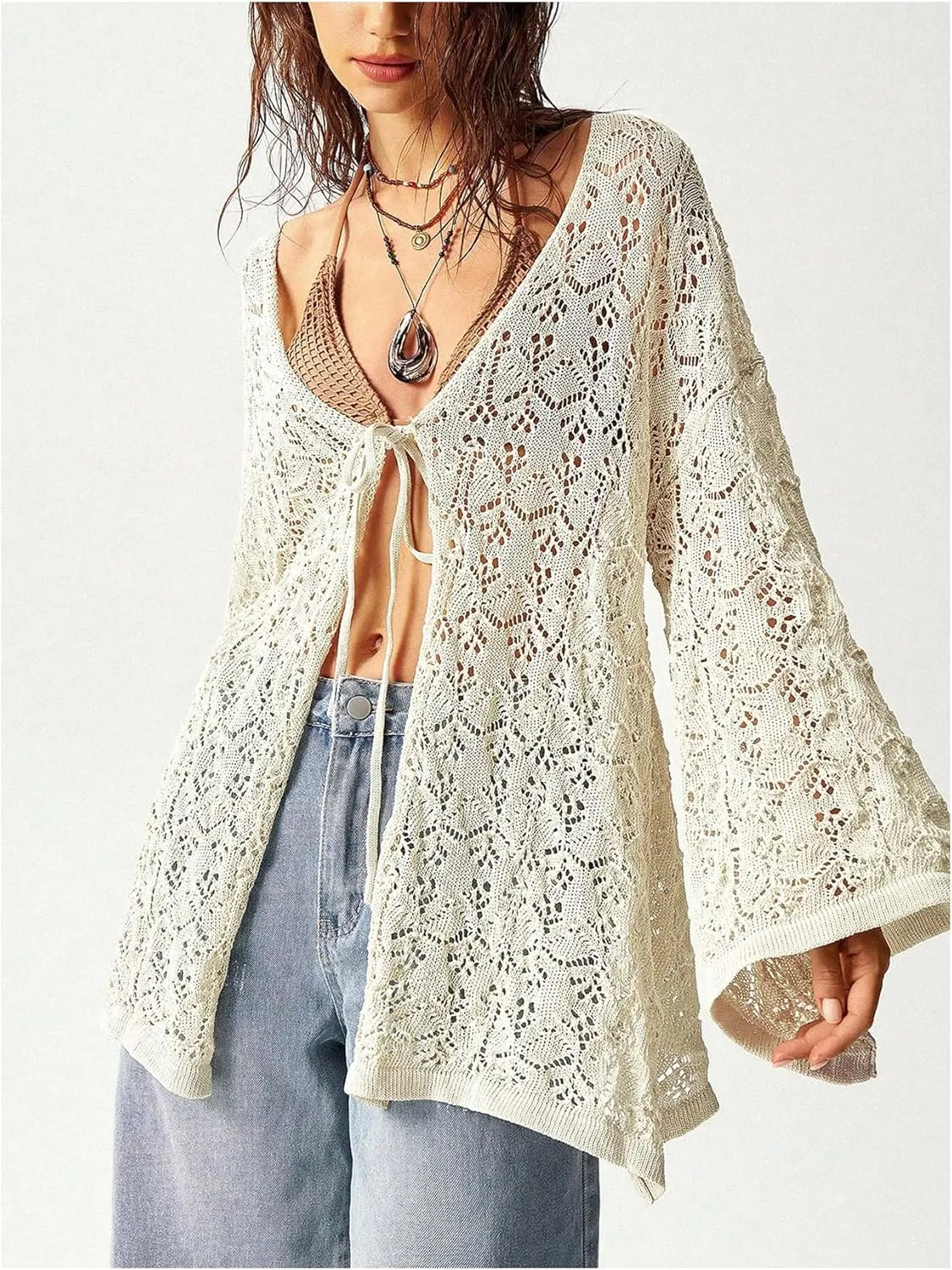 MakeMeChic Women's Crochet Light Weight Hollow Out Tie Front Cardigan Sweater Deep V Neck Long Sleeve Outerwear