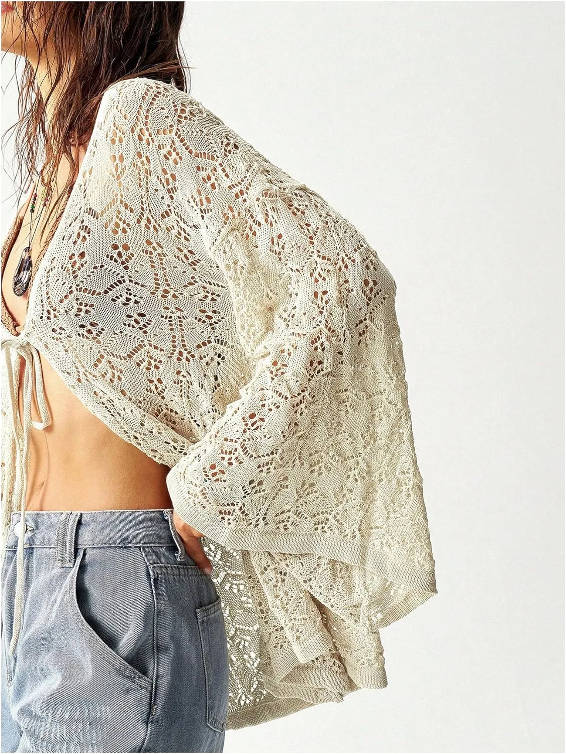 MakeMeChic Women's Crochet Light Weight Hollow Out Tie Front Cardigan Sweater Deep V Neck Long Sleeve Outerwear