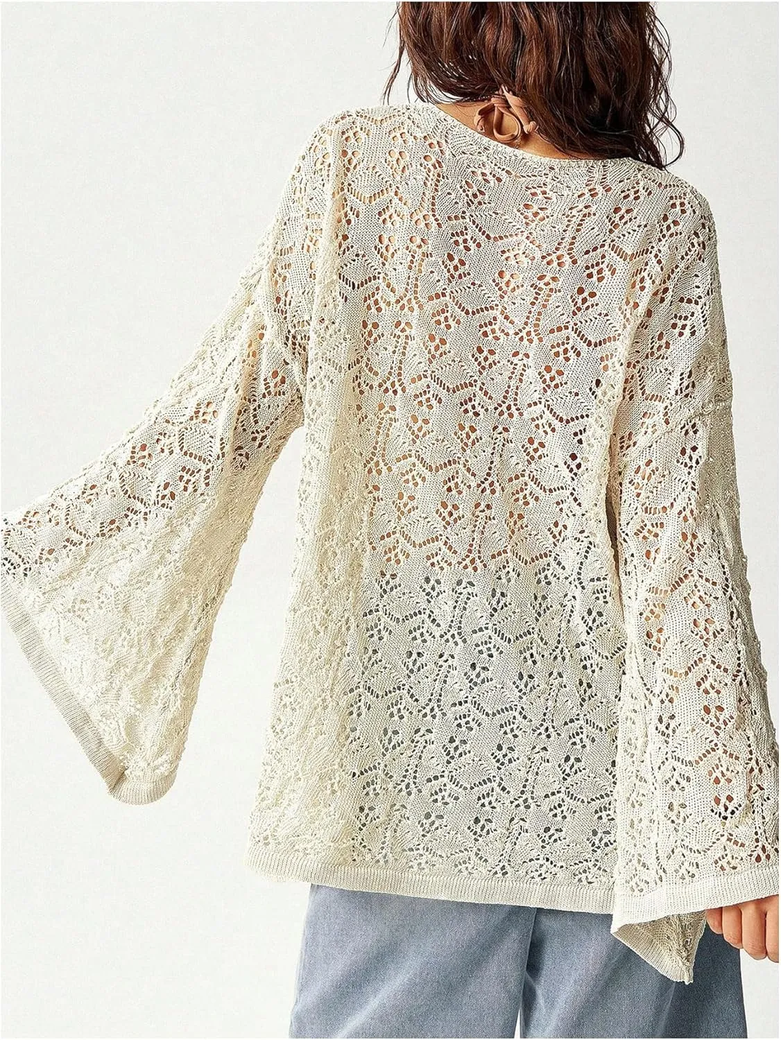 MakeMeChic Women's Crochet Light Weight Hollow Out Tie Front Cardigan Sweater Deep V Neck Long Sleeve Outerwear