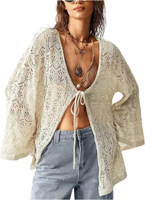 MakeMeChic Women's Crochet Light Weight Hollow Out Tie Front Cardigan Sweater Deep V Neck Long Sleeve Outerwear
