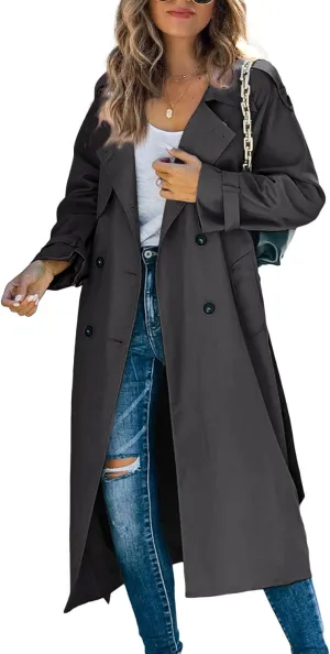 Makkrom Women's Double Breasted Long Trench Coat Windproof Classic Lapel Slim Overcoat with Belt