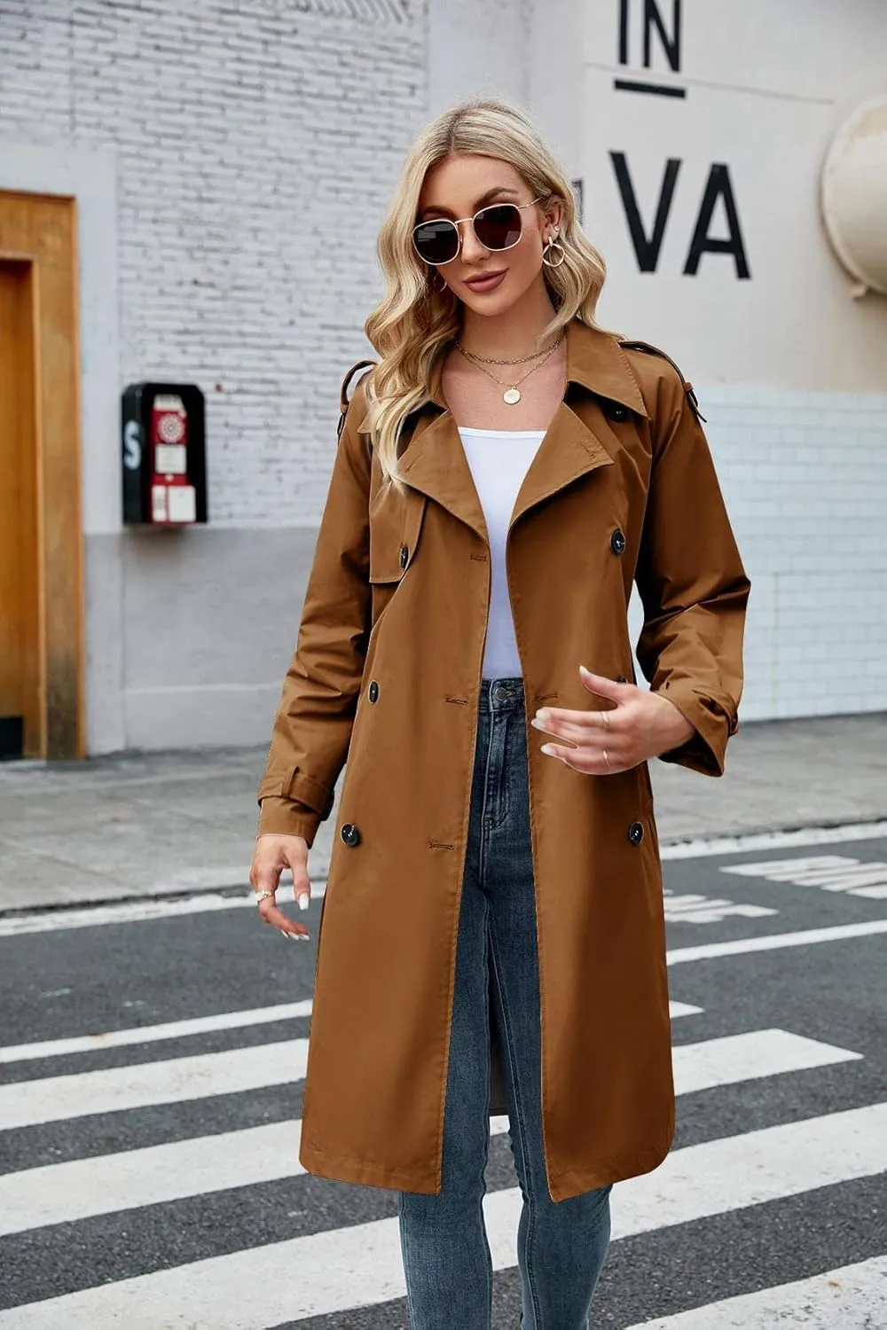 Makkrom Women's Double Breasted Long Trench Coat Windproof Classic Lapel Slim Overcoat with Belt