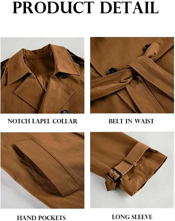 Makkrom Women's Double Breasted Long Trench Coat Windproof Classic Lapel Slim Overcoat with Belt
