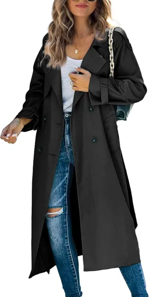 Makkrom Women's Double Breasted Long Trench Coat Windproof Classic Lapel Slim Overcoat with Belt