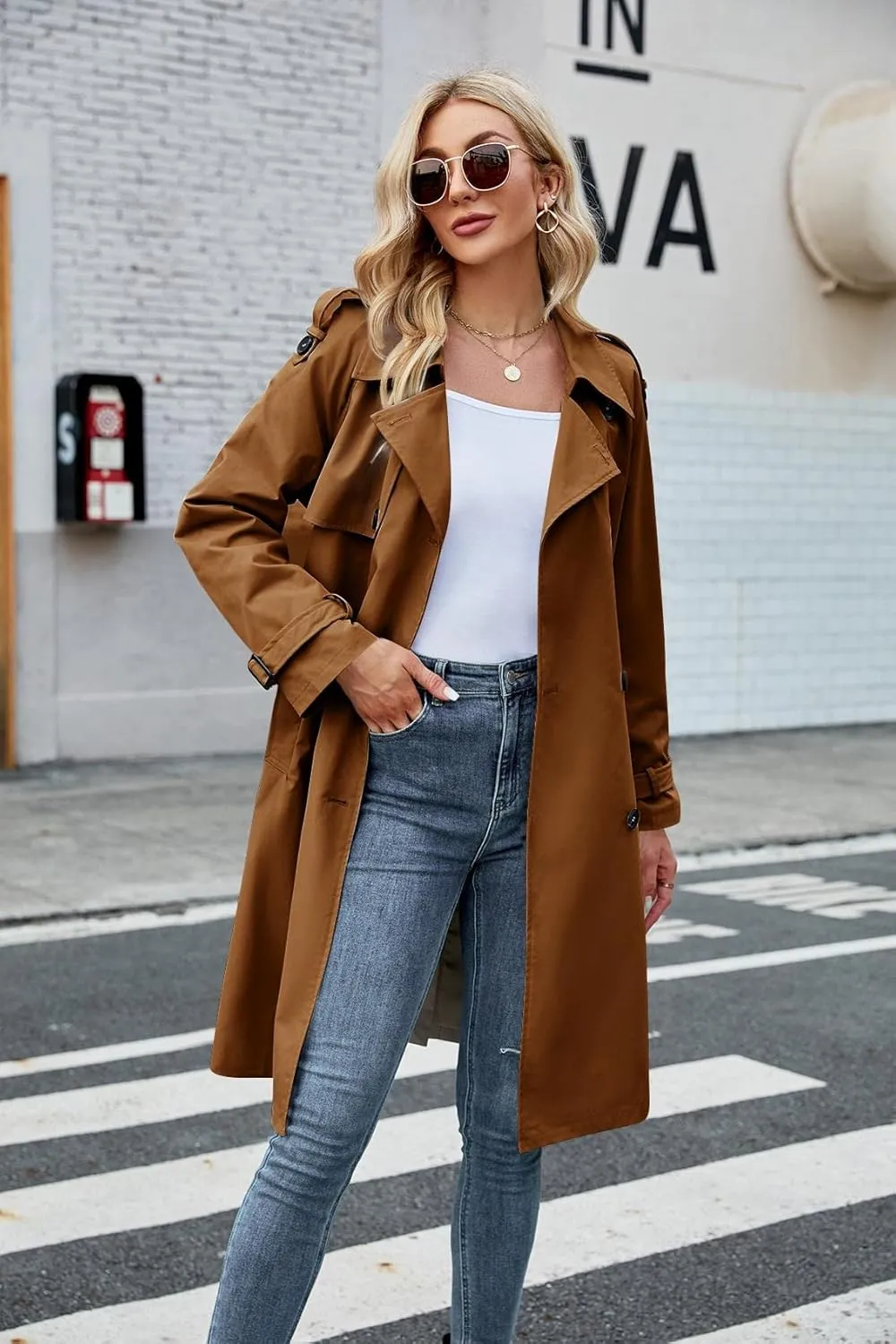 Makkrom Women's Double Breasted Long Trench Coat Windproof Classic Lapel Slim Overcoat with Belt