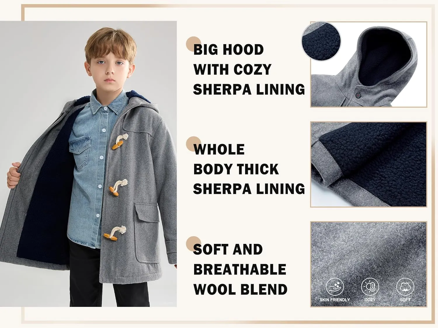 maoo garden Boys Winter Wool Coat Dress Peacoat Kids Heavy Sherpa Jacket Hooded Warm Thicken Windproof Overcoats