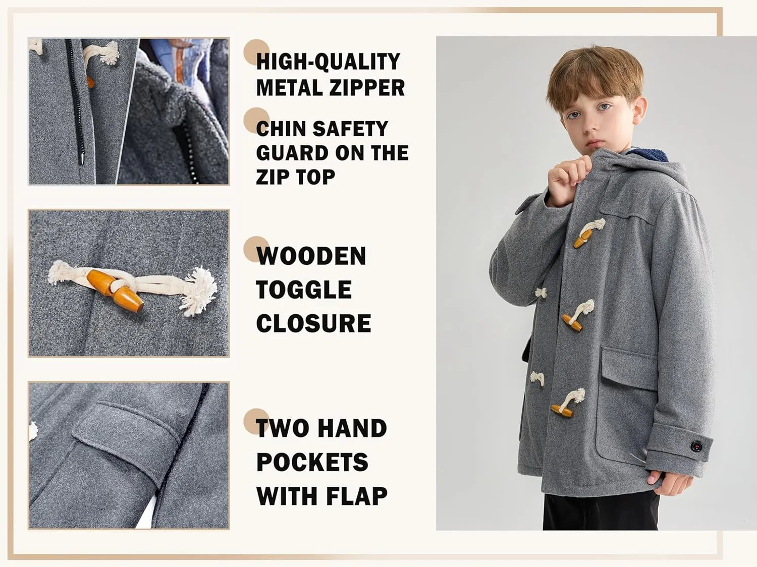 maoo garden Boys Winter Wool Coat Dress Peacoat Kids Heavy Sherpa Jacket Hooded Warm Thicken Windproof Overcoats
