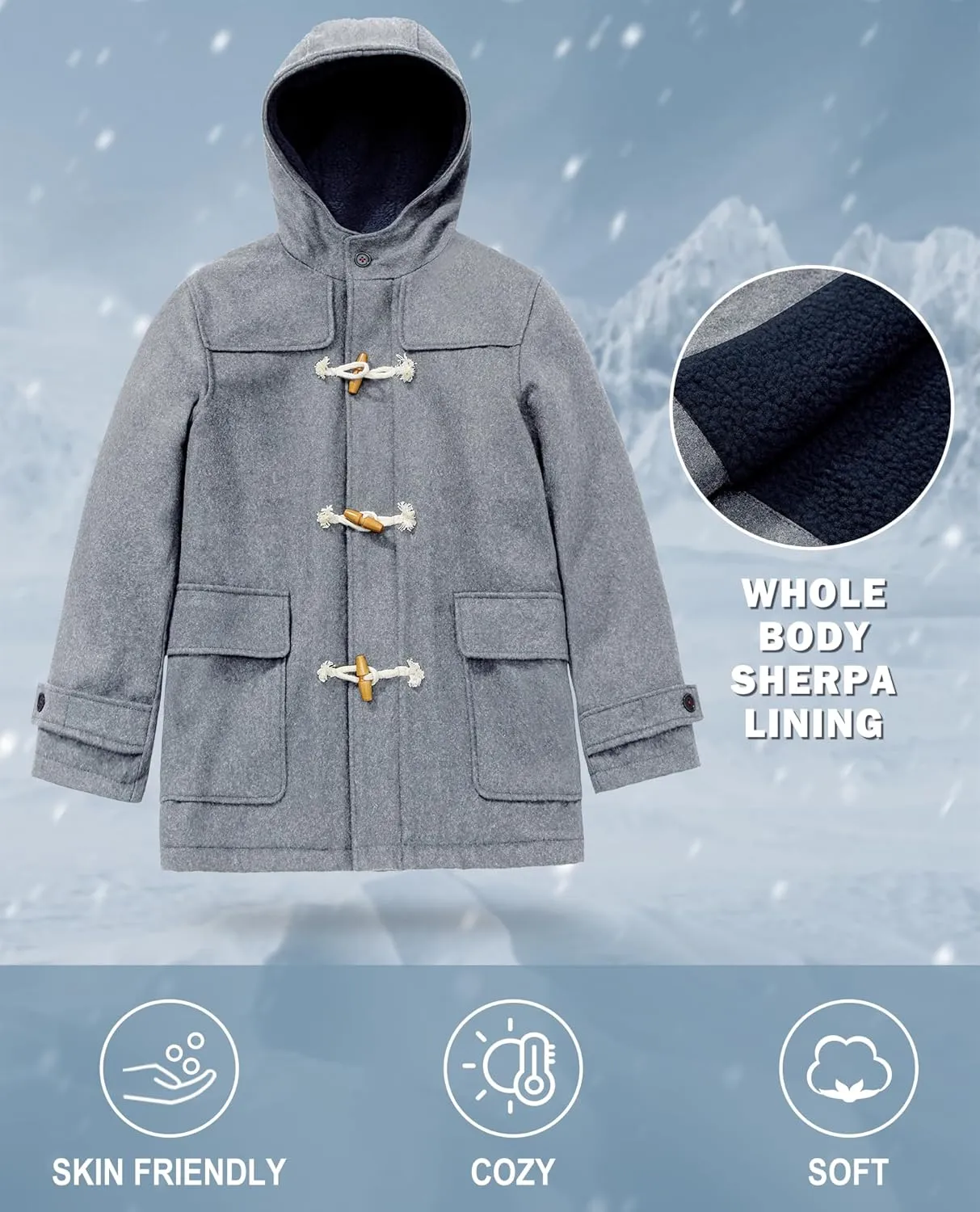 maoo garden Boys Winter Wool Coat Dress Peacoat Kids Heavy Sherpa Jacket Hooded Warm Thicken Windproof Overcoats