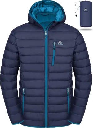 Mapamyumco Men's Packable Lightweight Puffer Jacket Hooded Windproof Winter Coat with Recycled Insulation