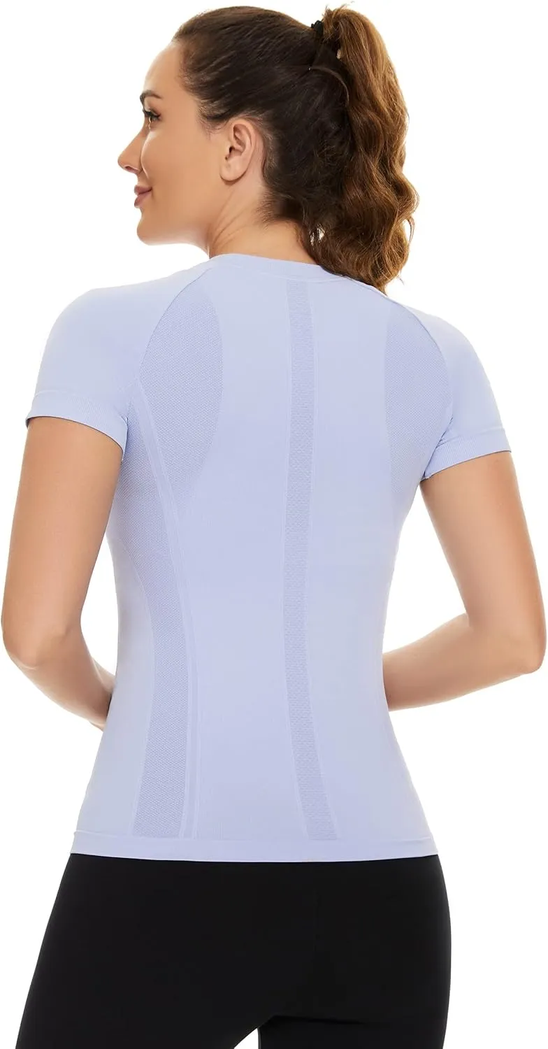 MathCat Workout Tops for Women - Short Sleeve Seamless Yoga Athletic Gym Running Shirts