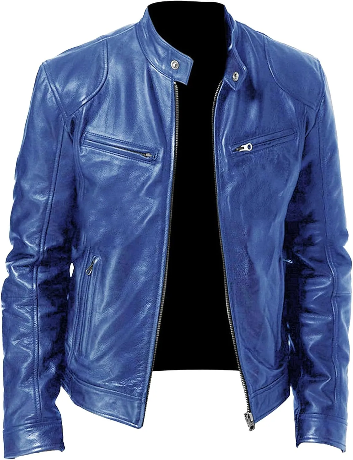 Men Faux Leather Zip Up Jacket Stand Collar Leather Motorcycle Jacket Lightweight Bomber Outwear PU Coat