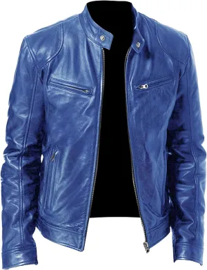 Men Faux Leather Zip Up Jacket Stand Collar Leather Motorcycle Jacket Lightweight Bomber Outwear PU Coat