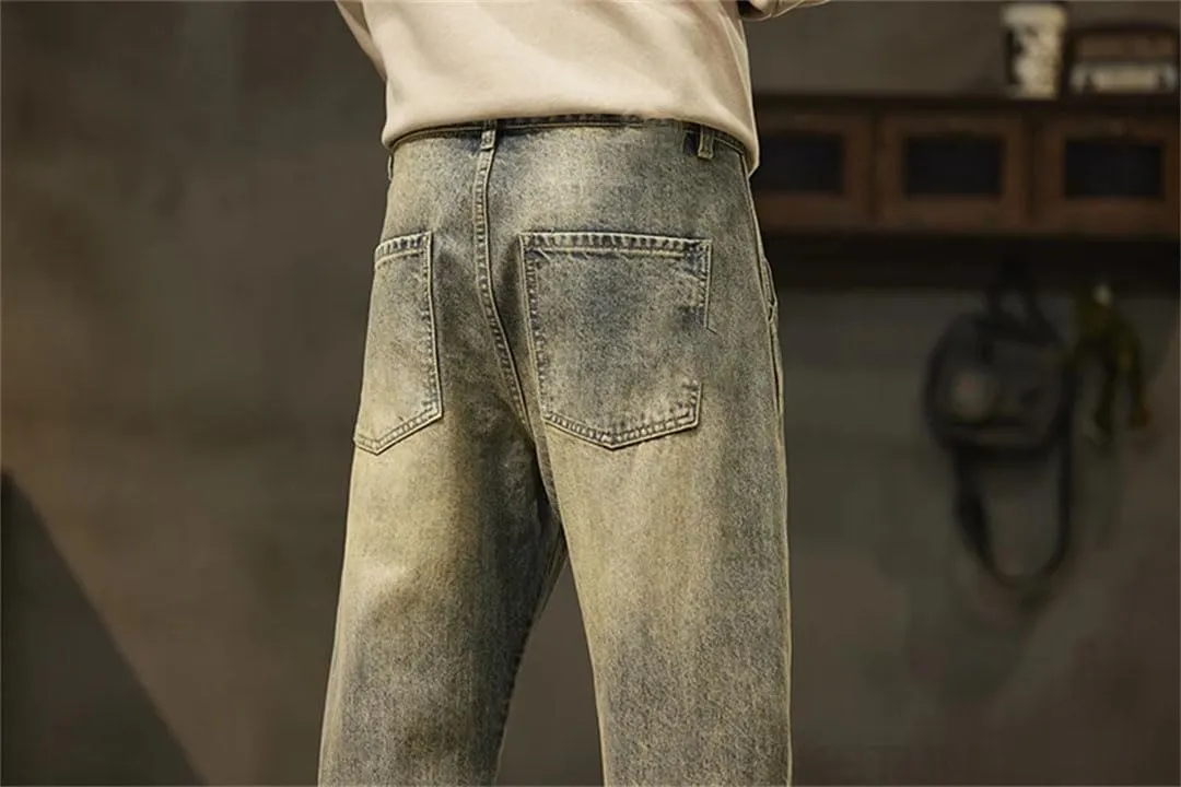 Men Harem Pants Denim Trousers Retro Blue Paches Pockets Trousers Vintage Loose Jeans