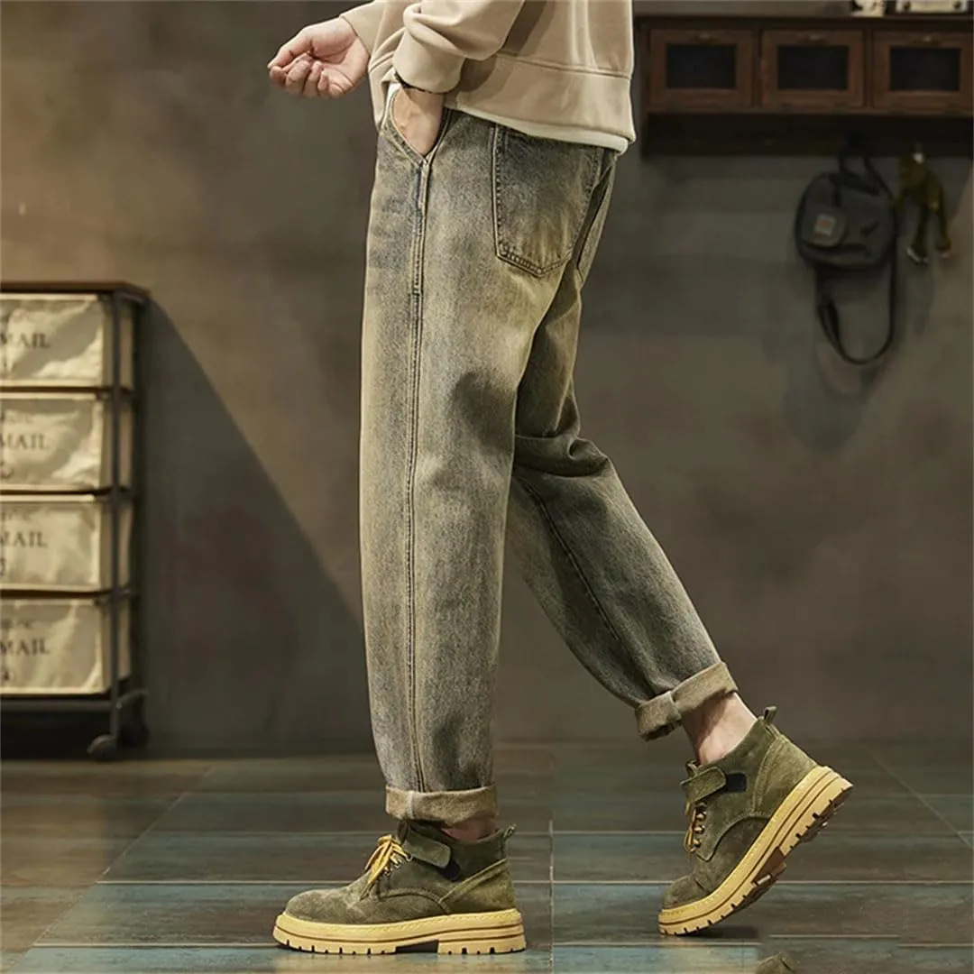 Men Harem Pants Denim Trousers Retro Blue Paches Pockets Trousers Vintage Loose Jeans