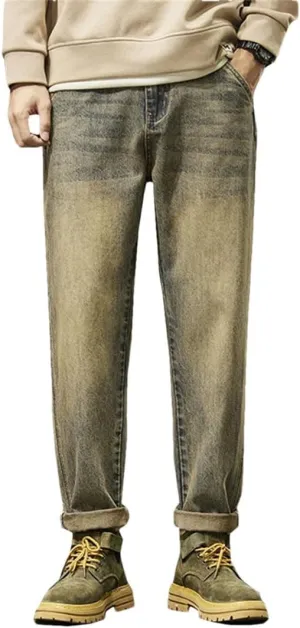Men Harem Pants Denim Trousers Retro Blue Paches Pockets Trousers Vintage Loose Jeans
