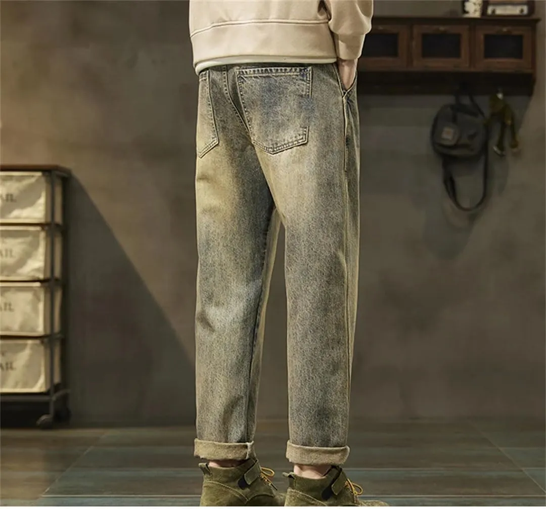Men Harem Pants Denim Trousers Retro Blue Paches Pockets Trousers Vintage Loose Jeans
