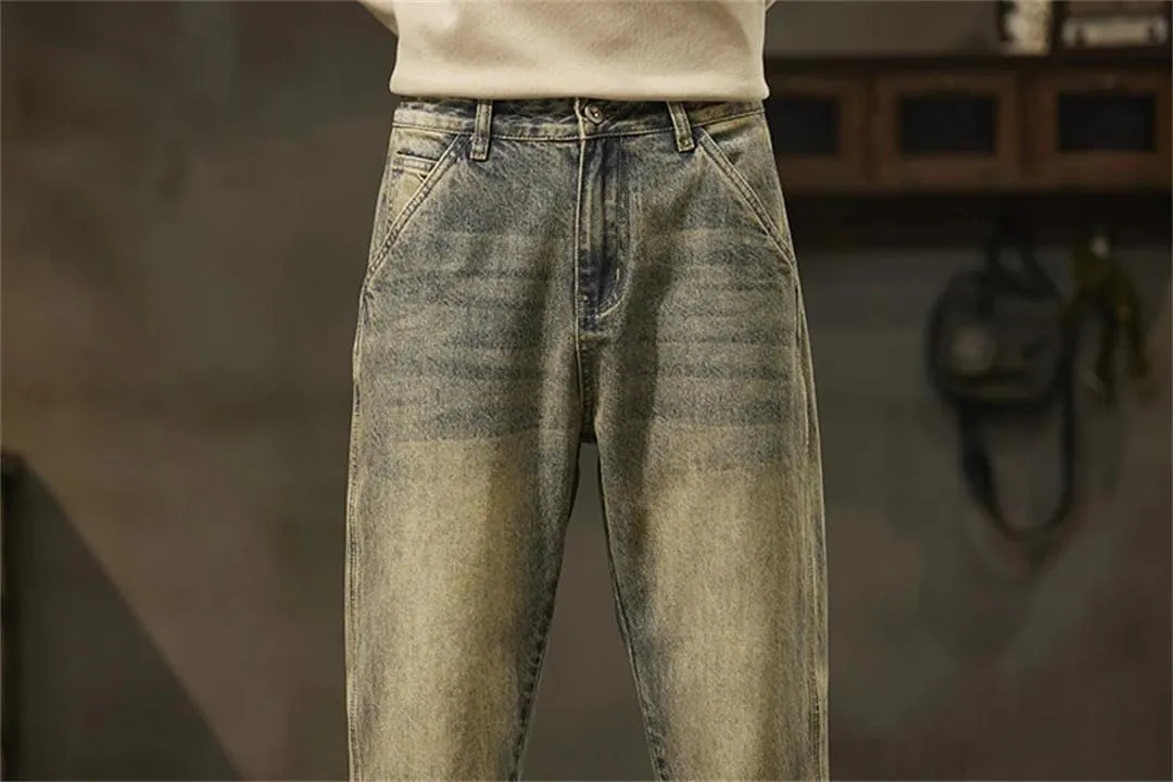 Men Harem Pants Denim Trousers Retro Blue Paches Pockets Trousers Vintage Loose Jeans