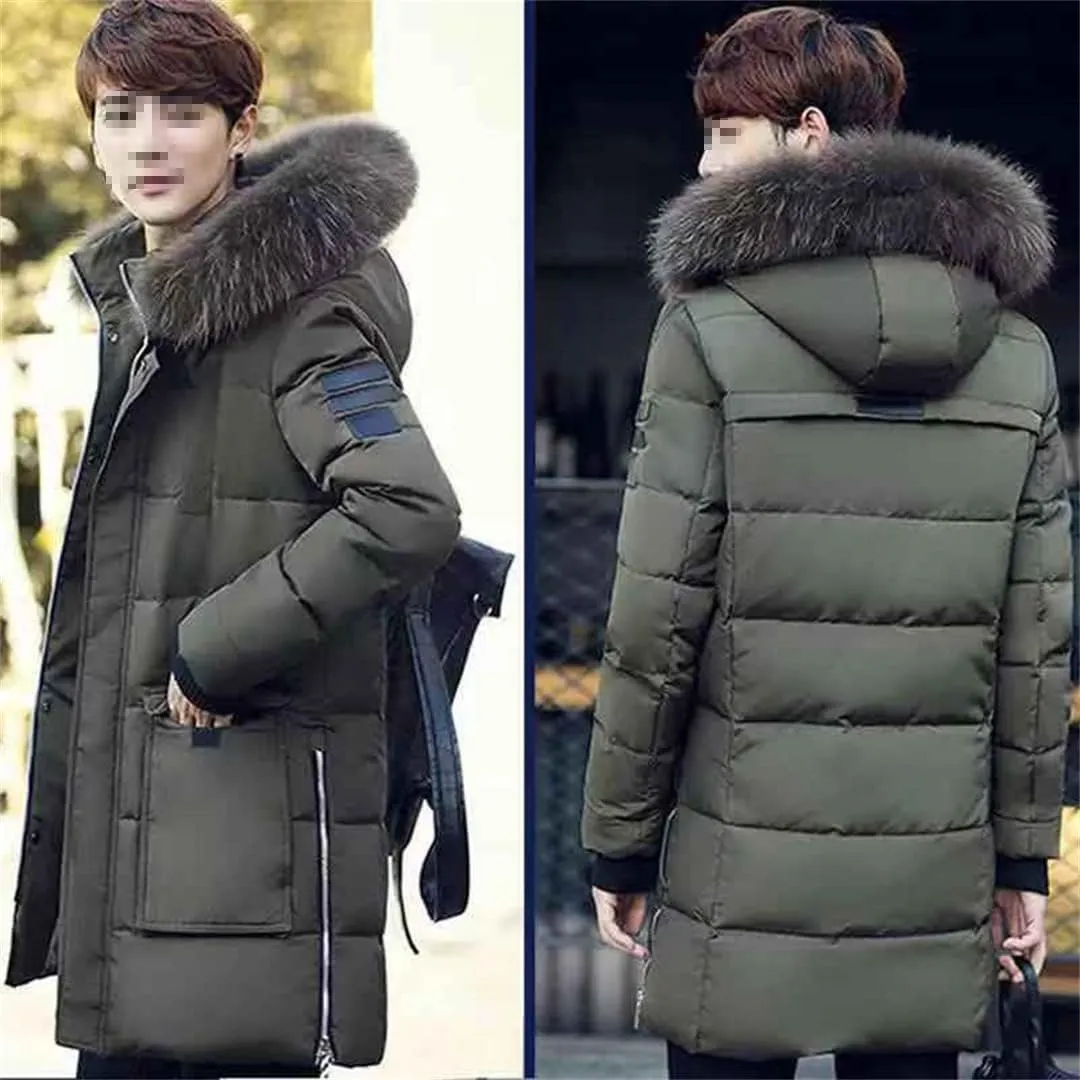 Men Long Hooded Parka Jacket Winter Slim Fit Thick Warm Padded Jacket Fur Collar Zipper Cotton Coat