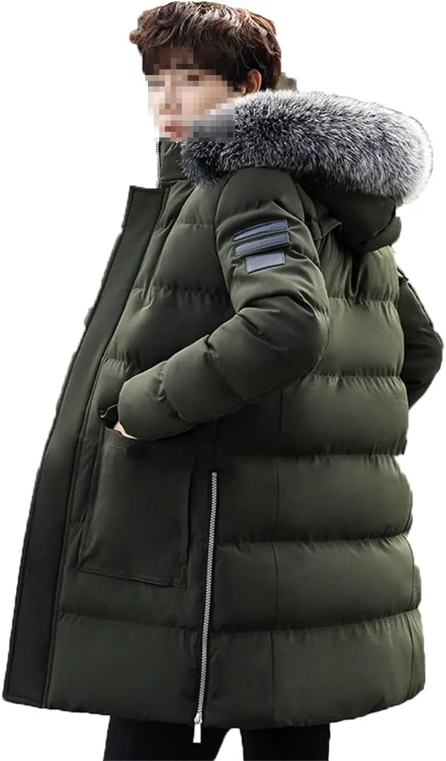 Men Long Hooded Parka Jacket Winter Slim Fit Thick Warm Padded Jacket Fur Collar Zipper Cotton Coat