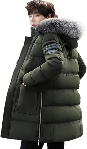 Men Long Hooded Parka Jacket Winter Slim Fit Thick Warm Padded Jacket Fur Collar Zipper Cotton Coat