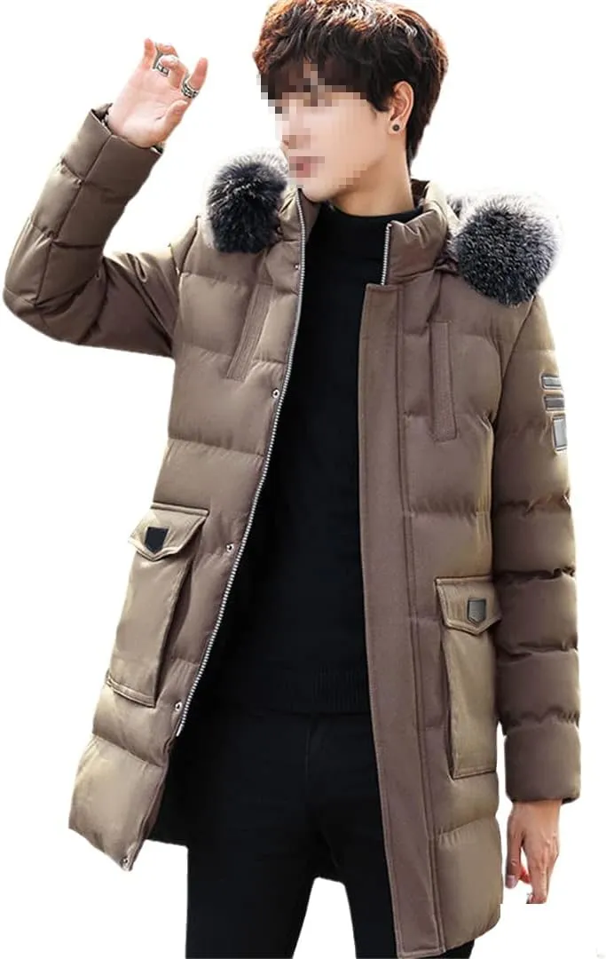 Men Long Hooded Parka Jacket Winter Slim Fit Thick Warm Padded Jacket Fur Collar Zipper Cotton Coat