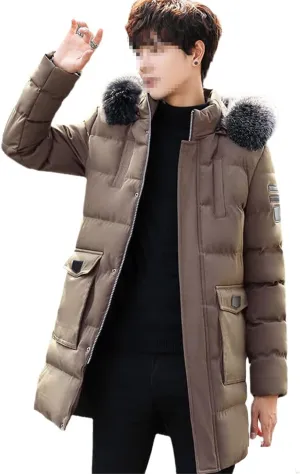 Men Long Hooded Parka Jacket Winter Slim Fit Thick Warm Padded Jacket Fur Collar Zipper Cotton Coat
