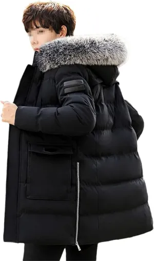Men Long Hooded Parka Jacket Winter Slim Fit Thick Warm Padded Jacket Fur Collar Zipper Cotton Coat