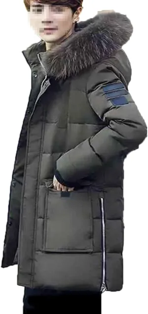 Men Long Hooded Parka Jacket Winter Slim Fit Thick Warm Padded Jacket Fur Collar Zipper Cotton Coat
