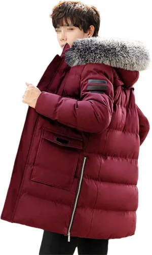 Men Long Hooded Parka Jacket Winter Slim Fit Thick Warm Padded Jacket Fur Collar Zipper Cotton Coat