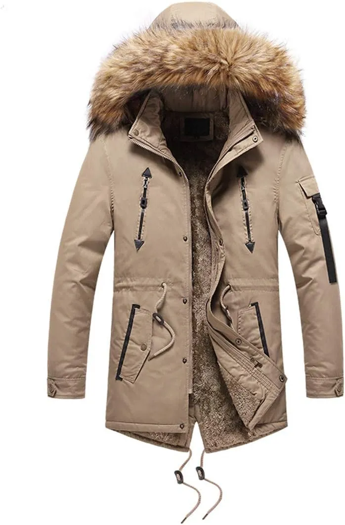 Men Winter Long Parkas Coats,Fur Collar Hooded Cotton Padded Male Velvet Warm Jacket Outdoor Windproof Overcoats