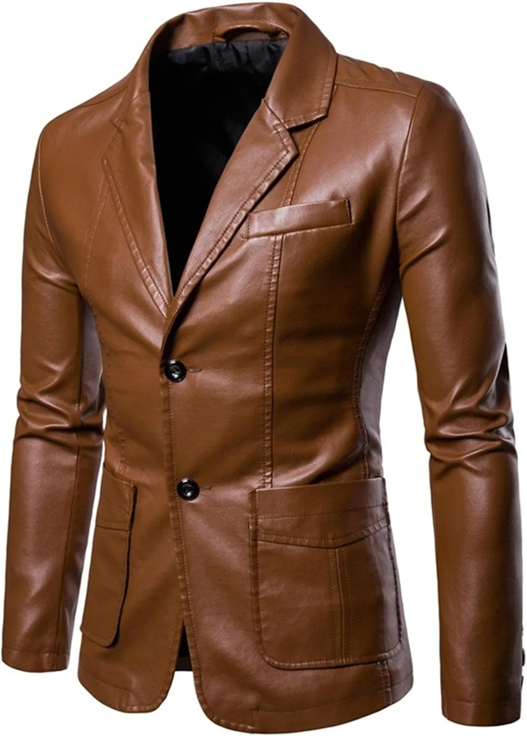 Men's 2 Button Leather Blazer Sport Coat Casual Notched Collar Suit Jacket Slim Formal Faux Leather Blazer Jacket