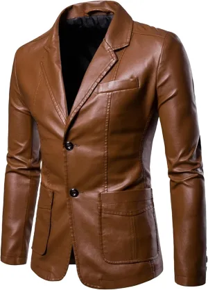 Men's 2 Button Leather Blazer Sport Coat Casual Notched Collar Suit Jacket Slim Formal Faux Leather Blazer Jacket