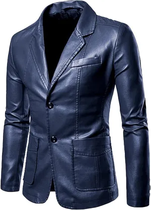 Men's 2 Button Leather Blazer Sport Coat Casual Notched Collar Suit Jacket Slim Formal Faux Leather Blazer Jacket
