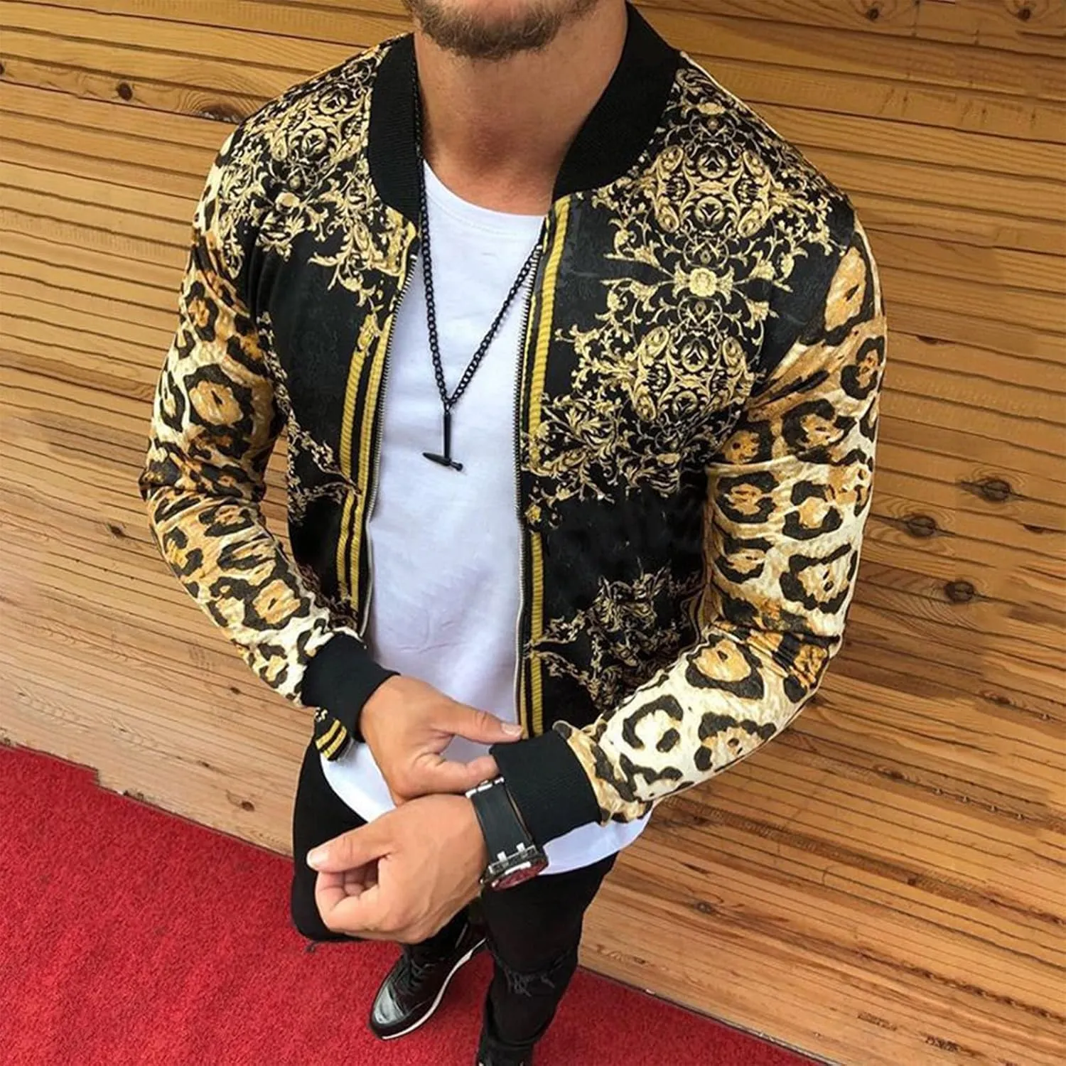 Men's Autumn Zip Up Jacket Casual Leopard Print Outwear Windproof Jacket Trench Coat Colorblocked Track Jacket
