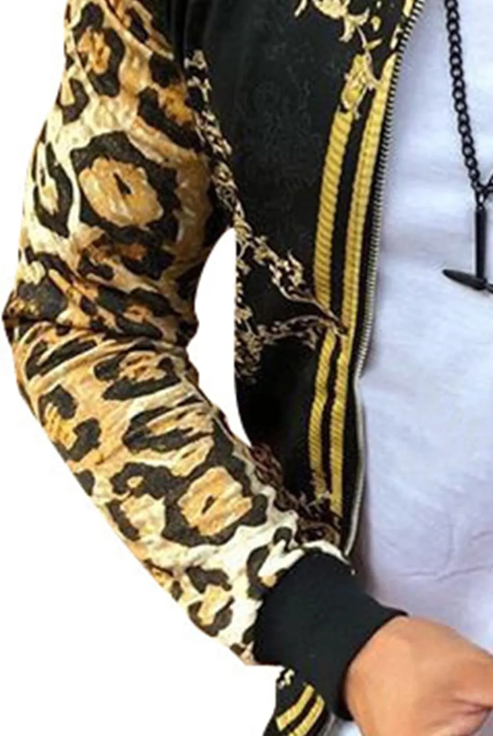 Men's Autumn Zip Up Jacket Casual Leopard Print Outwear Windproof Jacket Trench Coat Colorblocked Track Jacket