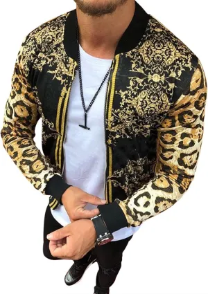 Men's Autumn Zip Up Jacket Casual Leopard Print Outwear Windproof Jacket Trench Coat Colorblocked Track Jacket