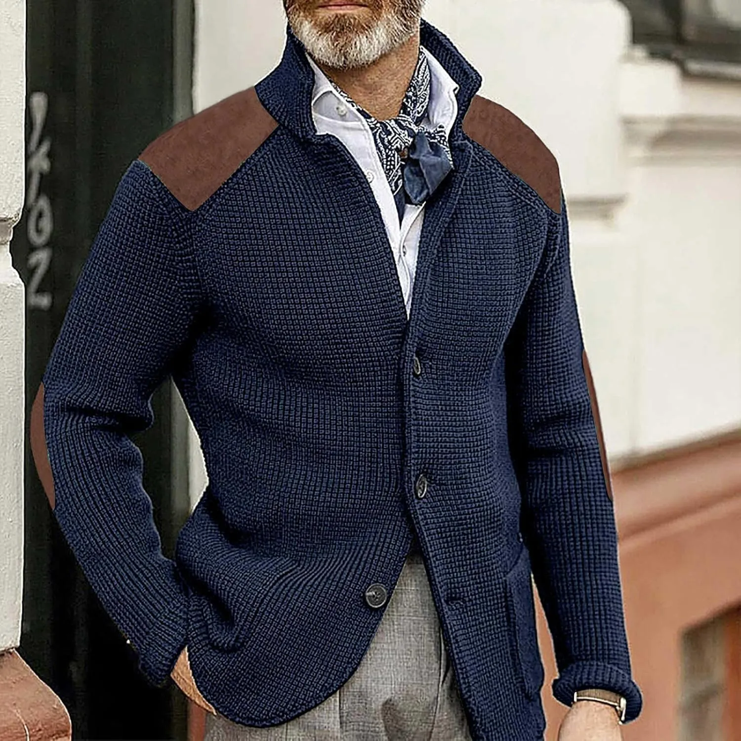 Mens Cardigan Sweater Shawl Collar Button Down Warm Knitted Sweaters Plus Size Elbow Patch Winter Chunky Cardigans