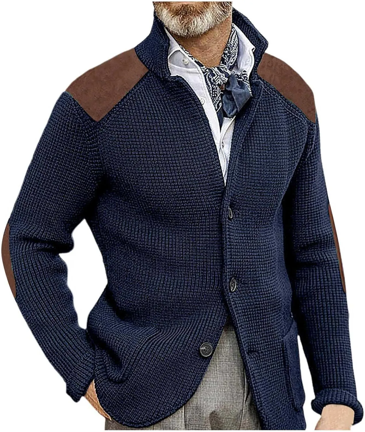 Mens Cardigan Sweater Shawl Collar Button Down Warm Knitted Sweaters Plus Size Elbow Patch Winter Chunky Cardigans