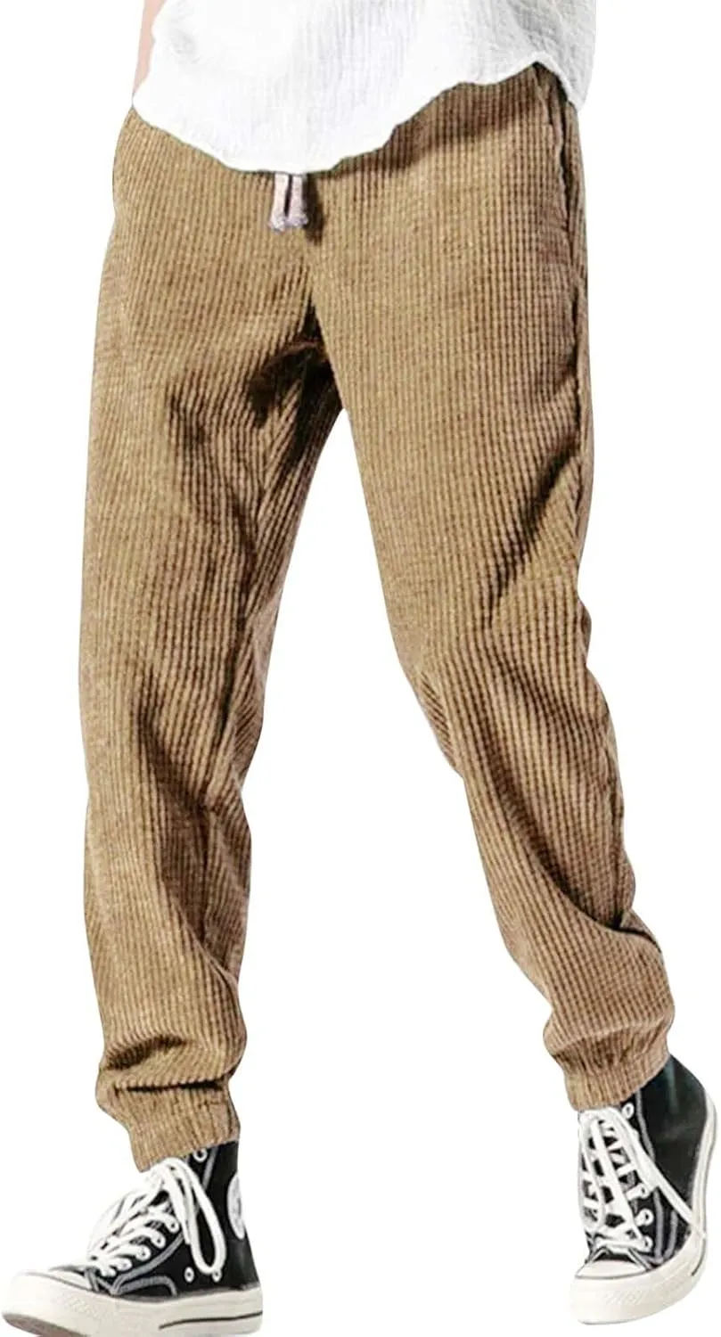 Men's Casual Pants, Beach Summer Elastic Waist Drawstring Pants Lightweight Linen Trousers Ankle Tied Sweatpants for Men